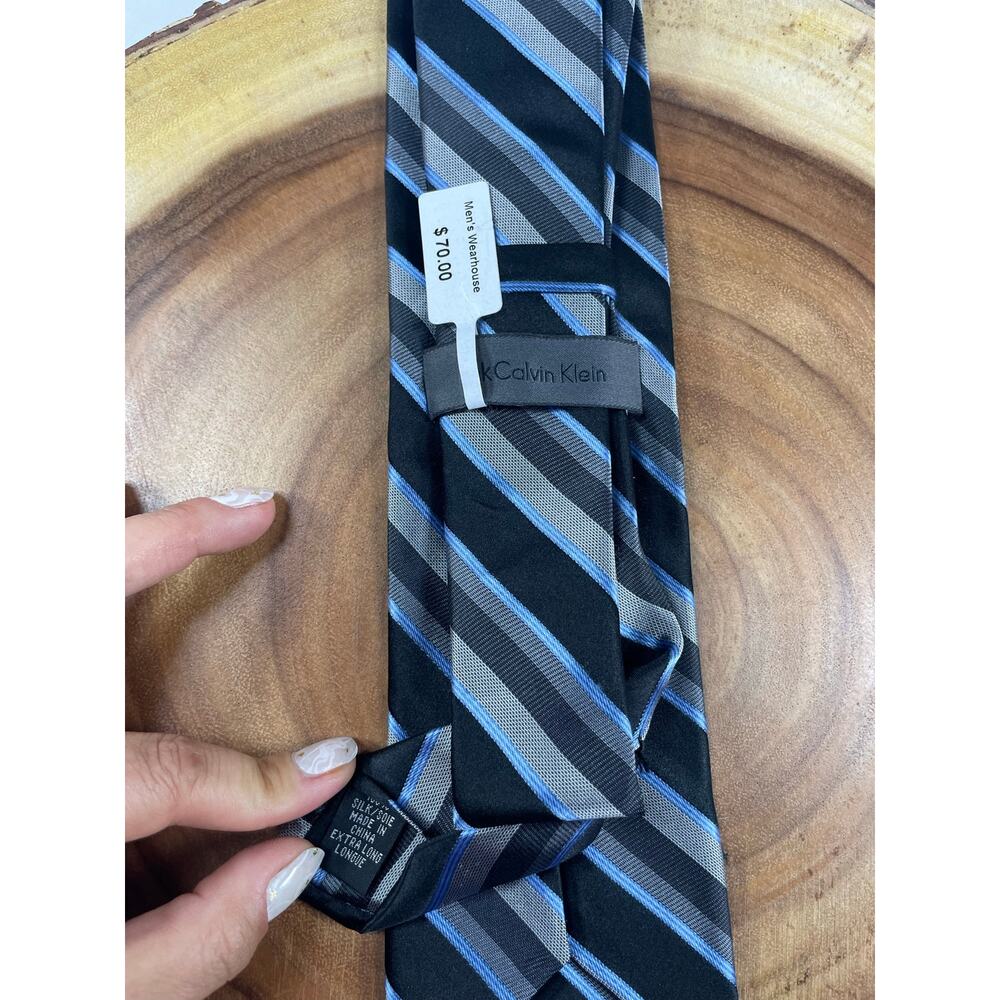 Calvin Klein Extra Long Silk Tie Black Blue Striped NWT 62" - Picture 2 of 2